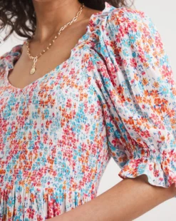 Shirred Bodice Dress With Puff Sleeve| Multi Coloured Floral -MONSON Clothing Shop y01rn606746w
