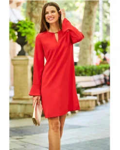 Sosandar Tab Detail Fluted Sleeve Shift Dress| Red