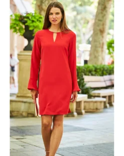Sosandar Tab Detail Fluted Sleeve Shift Dress| Red -MONSON Clothing Shop y01tv193503c