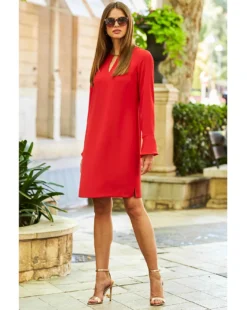 Sosandar Tab Detail Fluted Sleeve Shift Dress| Red -MONSON Clothing Shop y01tv193504c