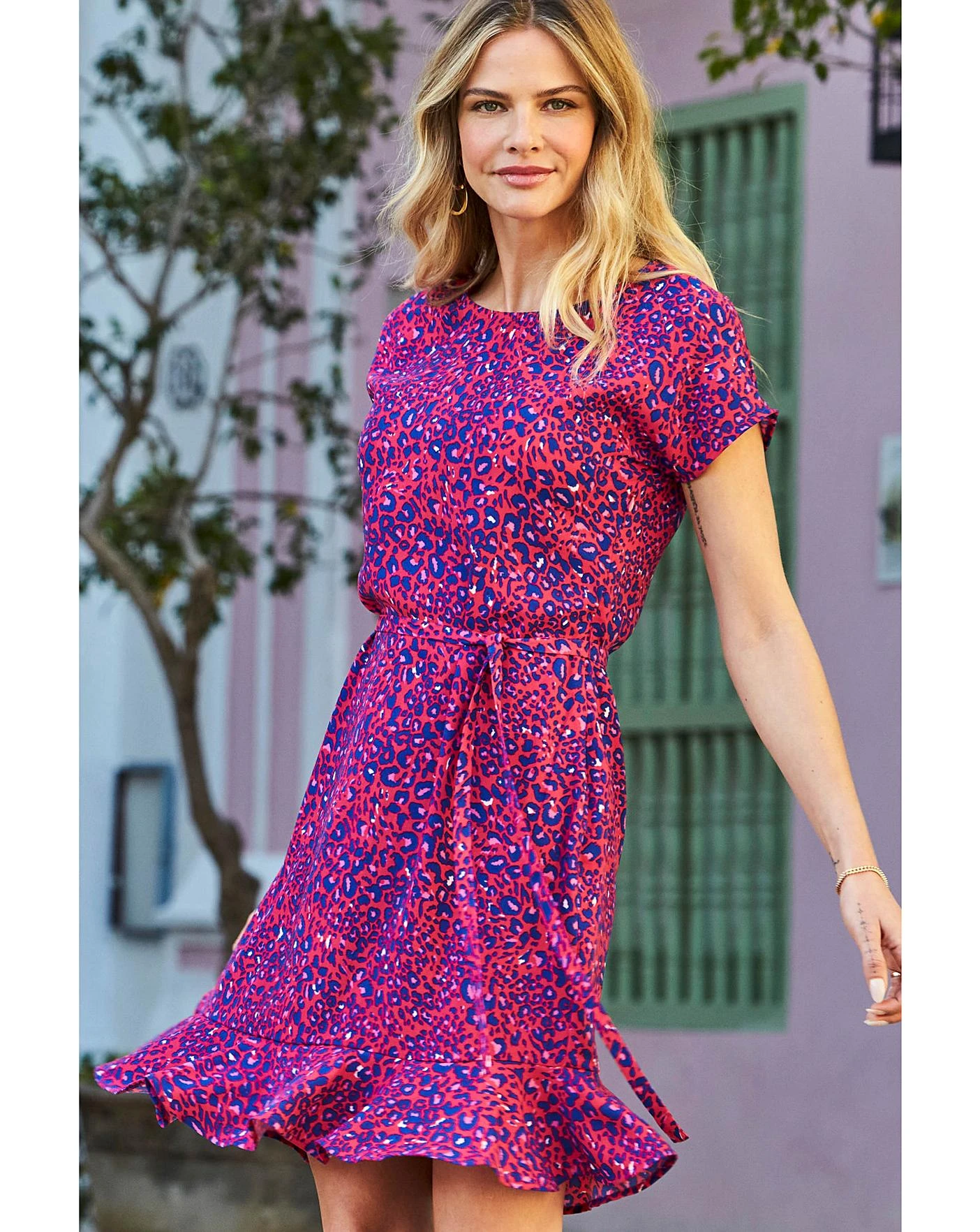 Sosandar Animal Print Ruffle Hem Tie Waist Dress| Purple 5 Sosandar Animal Print Ruffle Hem Tie Waist Dress| Purple - Image 5