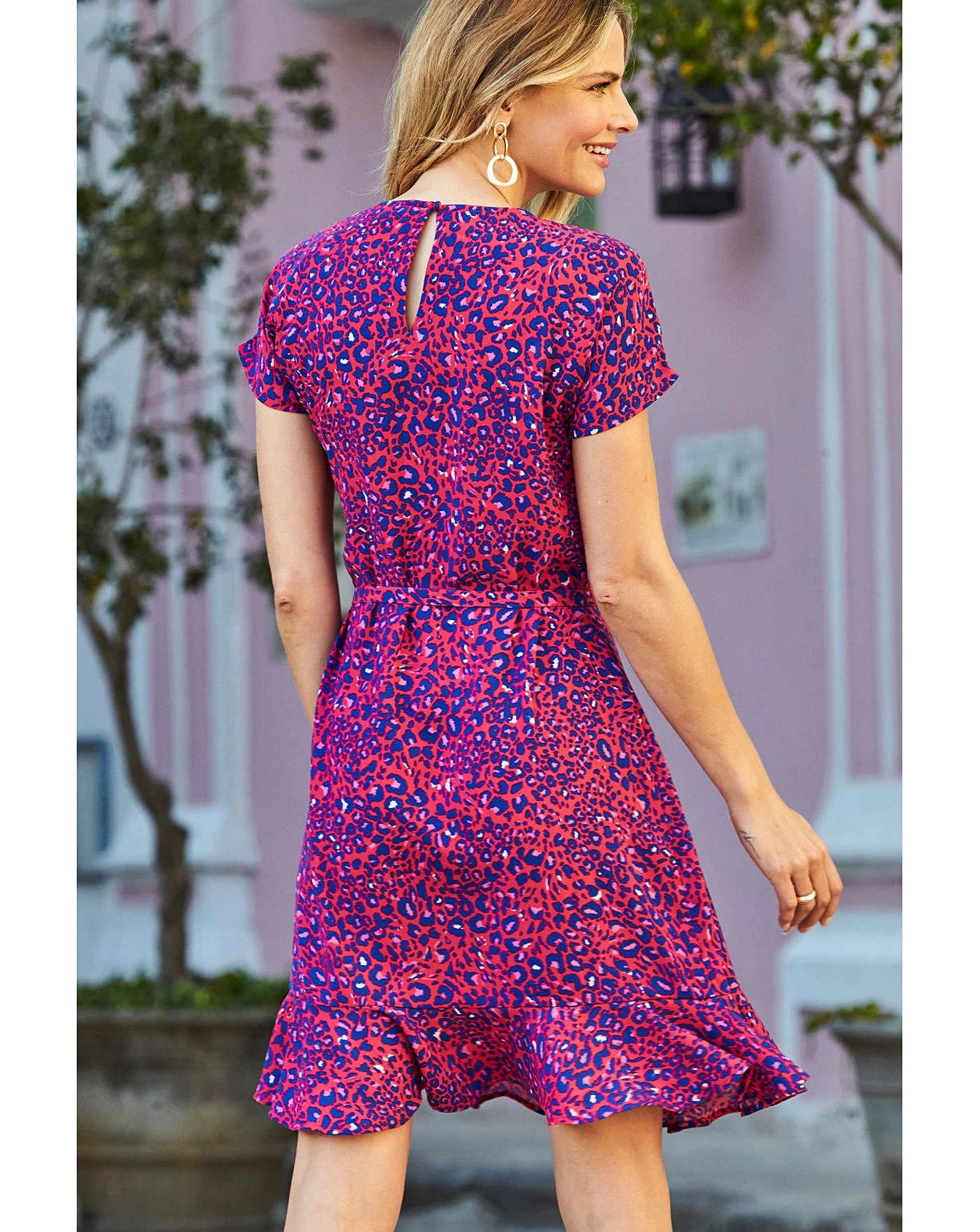 Sosandar Animal Print Ruffle Hem Tie Waist Dress| Purple 2 Sosandar Animal Print Ruffle Hem Tie Waist Dress| Purple - Image 2