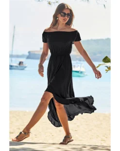 Sosandar Ruffle Detail Side Split Bardot Dress| Black