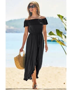 Sosandar Ruffle Detail Side Split Bardot Dress| Black -MONSON Clothing Shop y01tv348501s