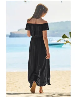 Sosandar Ruffle Detail Side Split Bardot Dress| Black -MONSON Clothing Shop y01tv348502s