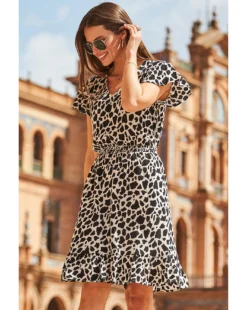 Sosandar Printed Crinkle V Neck Dress| Black Multi -MONSON Clothing Shop y01tv357503s