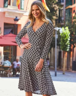 Sosandar Geometric Print Faux Wrap Midi Dress| Black