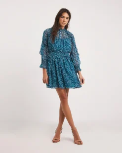 French Connection Billi Hallie Crinkle Frill Mini Dress| Blue