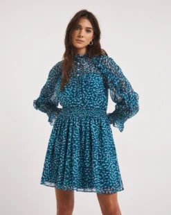 French Connection Billi Hallie Crinkle Frill Mini Dress| Blue -MONSON Clothing Shop y01ux428731w