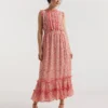 Georgette Dress With Lace Trim| Red Floral