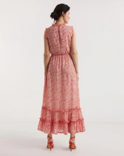 Georgette Dress With Lace Trim| Red Floral -MONSON Clothing Shop y01wm105733w