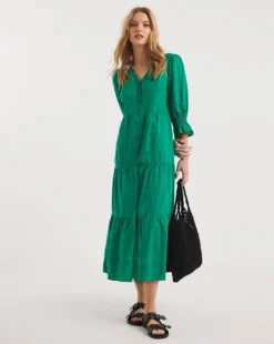 Cotton Button Through Dress| Green