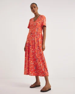 Asymetric Cut Soft Touch Jersey Swing Dress| Coral Print