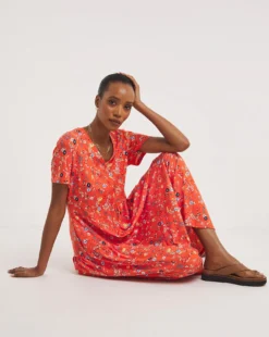 Asymetric Cut Soft Touch Jersey Swing Dress| Coral Print -MONSON Clothing Shop y01wm267723w