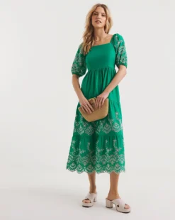 Broderie Tiered Dress With Puff Sleeves| Green/Ivory 7 Broderie Tiered Dress With Puff Sleeves| Green/Ivory -MONSON Clothing Shop y01wm296737w