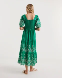 Broderie Tiered Dress With Puff Sleeves| Green/Ivory 5 Broderie Tiered Dress With Puff Sleeves| Green/Ivory -MONSON Clothing Shop y01wm296738w