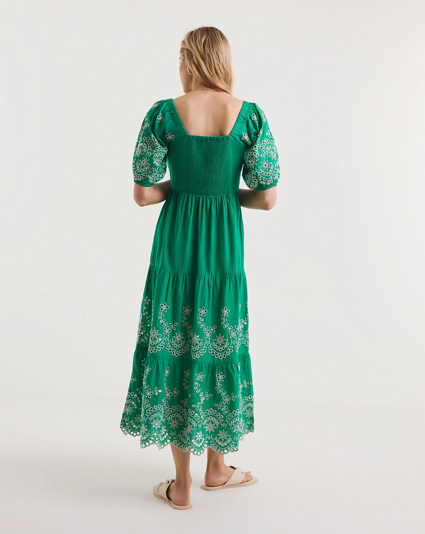 Broderie Tiered Dress With Puff Sleeves| Green/Ivory 2 Broderie Tiered Dress With Puff Sleeves| Green/Ivory - Image 2
