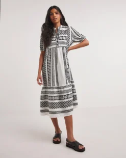 Cotton Jaquard Smock Dress| Monochrome