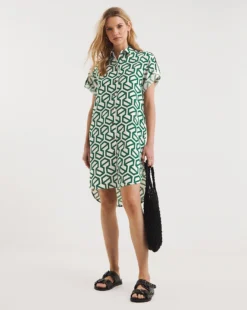 Linen Mix Shirt Front Dress With Pockets| Green Print -MONSON Clothing Shop y01wm413756w