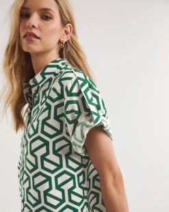 Linen Mix Shirt Front Dress With Pockets| Green Print -MONSON Clothing Shop y01wm413757w