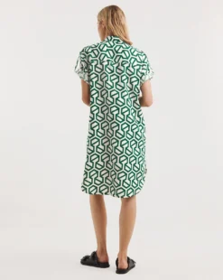 Linen Mix Shirt Front Dress With Pockets| Green Print -MONSON Clothing Shop y01wm413758w