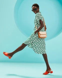 Linen Mix Shirt Front Dress With Pockets| Green Print