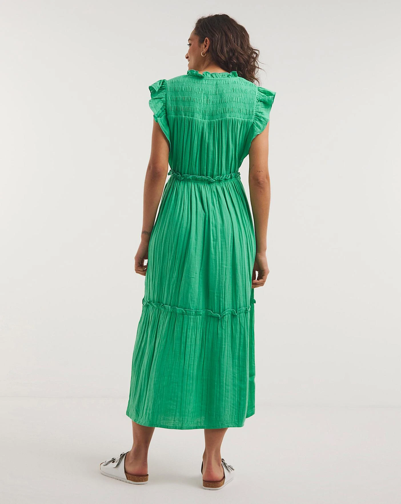 Cheesecloth Smock Dress With Shirred Shoulder| Jade Green 3 Cheesecloth Smock Dress With Shirred Shoulder| Jade Green - Image 3