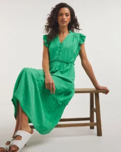 Cheesecloth Smock Dress With Shirred Shoulder| Jade Green