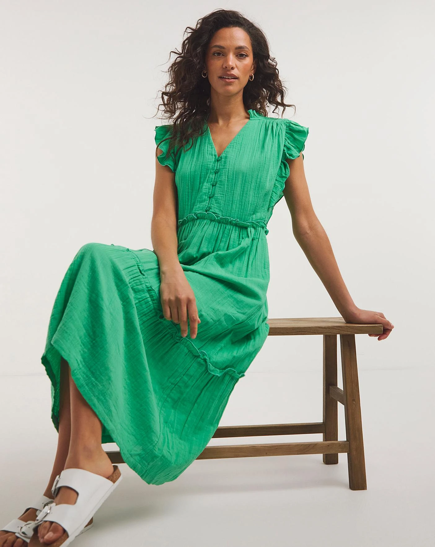 Cheesecloth Smock Dress With Shirred Shoulder| Jade Green 1 Cheesecloth Smock Dress With Shirred Shoulder| Jade Green