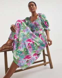 Shirred Bodice Dress Puffed Frill Sleeve Crinkle Midi Dress| Tropical Print