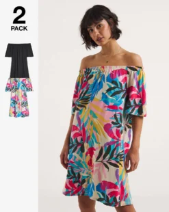 2 Pack Bardot Swing Dress| Black Tropical