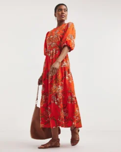 Linen Mix Smock Dress With Puff Sleeves And Open Back| Orange Floral -MONSON Clothing Shop y01wm529720w