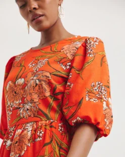 Linen Mix Smock Dress With Puff Sleeves And Open Back| Orange Floral -MONSON Clothing Shop y01wm529721w