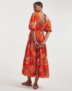 Linen Mix Smock Dress With Puff Sleeves And Open Back| Orange Floral -MONSON Clothing Shop y01wm529722w