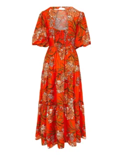 Linen Mix Smock Dress With Puff Sleeves And Open Back| Orange Floral -MONSON Clothing Shop y01wm529724s