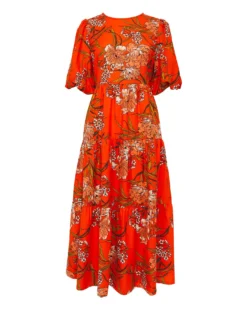 Linen Mix Smock Dress With Puff Sleeves And Open Back| Orange Floral -MONSON Clothing Shop y01wm529725s