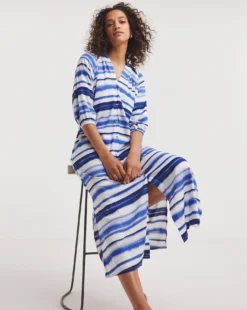 Tie Dye Kaftan Button Through Shirt Dress With Side Slits| Tie Dye / Blue