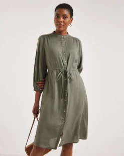 Viscose Twill Drawstring Waist Shirt Dress| Khaki