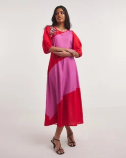 Raishma Studio Abstract Print Embellished Midi Dress| Pink