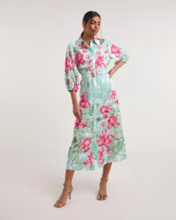 Raishma Studio Floral Print Belted Shirt Midi Dress| Turquoise