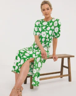 Runched Side And Sleeve Midi Dress| Green Print