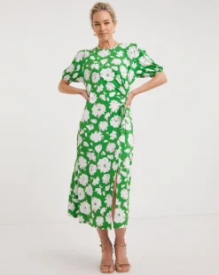 Runched Side And Sleeve Midi Dress| Green Print -MONSON Clothing Shop y01yc714731w