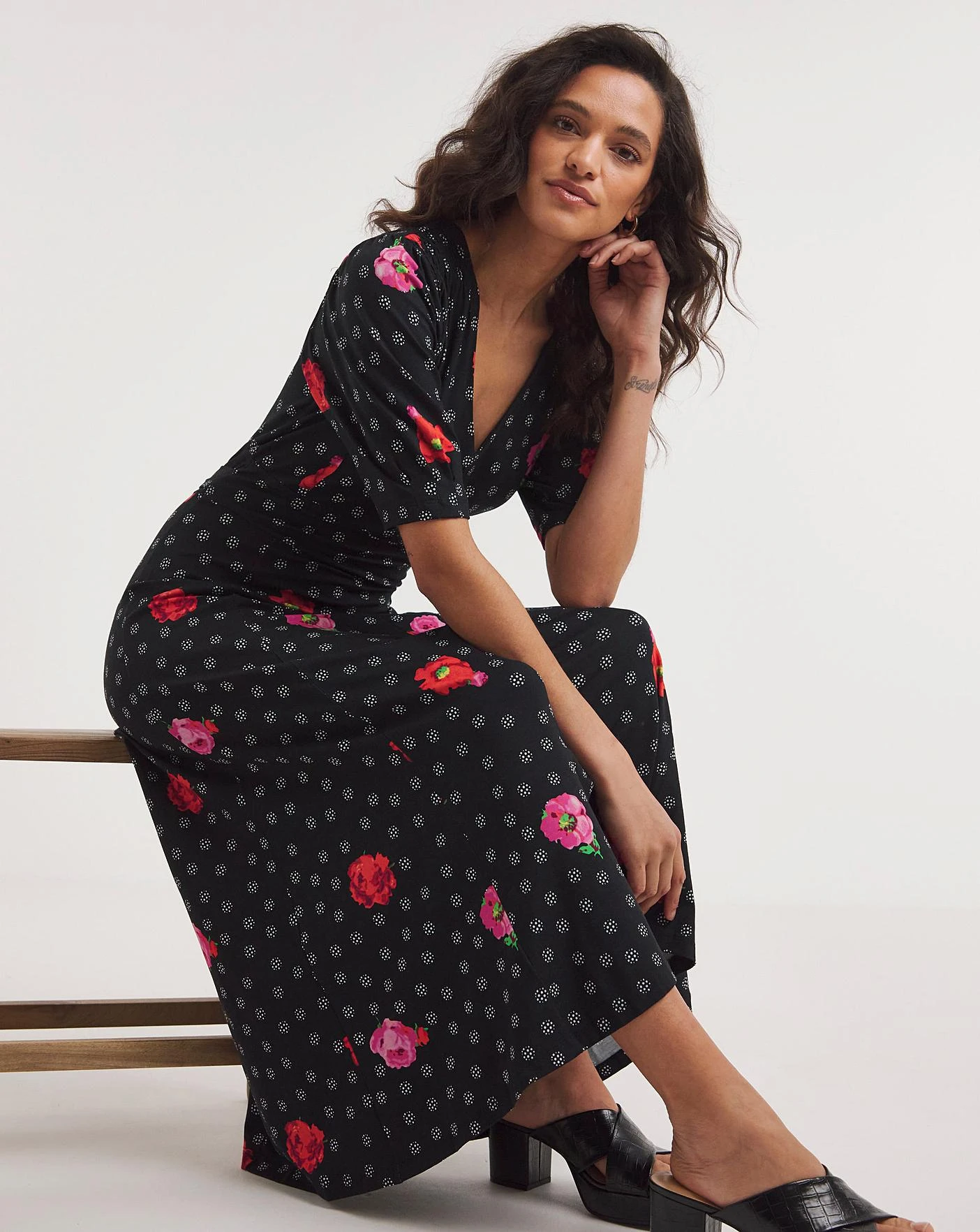 Joe Browns Vintage Valerie Floral Spot Jersey Midi Dress| Black Multi 2 Joe Browns Vintage Valerie Floral Spot Jersey Midi Dress| Black Multi - Image 2