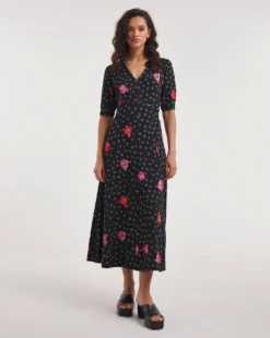 Joe Browns Vintage Valerie Floral Spot Jersey Midi Dress| Black Multi
