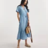Julipa Chambray Embroidered Dress| Blue
