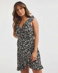 Simply Be Value Wrap Over Beach Dress| Floral Print /Black -MONSON Clothing Shop z01pq768763w
