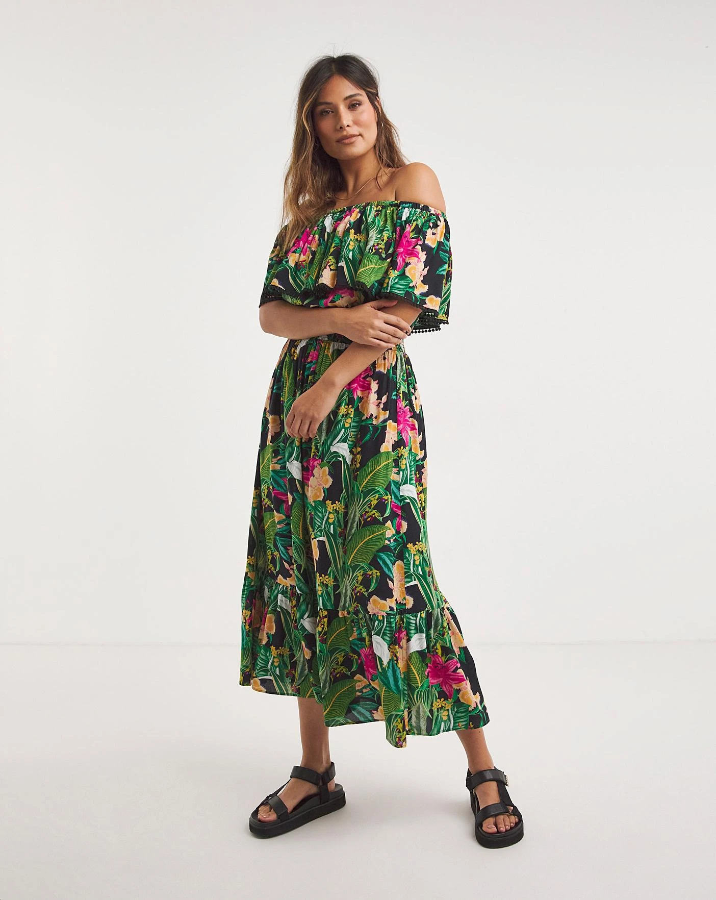 JD Williams Tropadelic Bardot Maxi Beach Dress| Floral Print 1 JD Williams Tropadelic Bardot Maxi Beach Dress| Floral Print