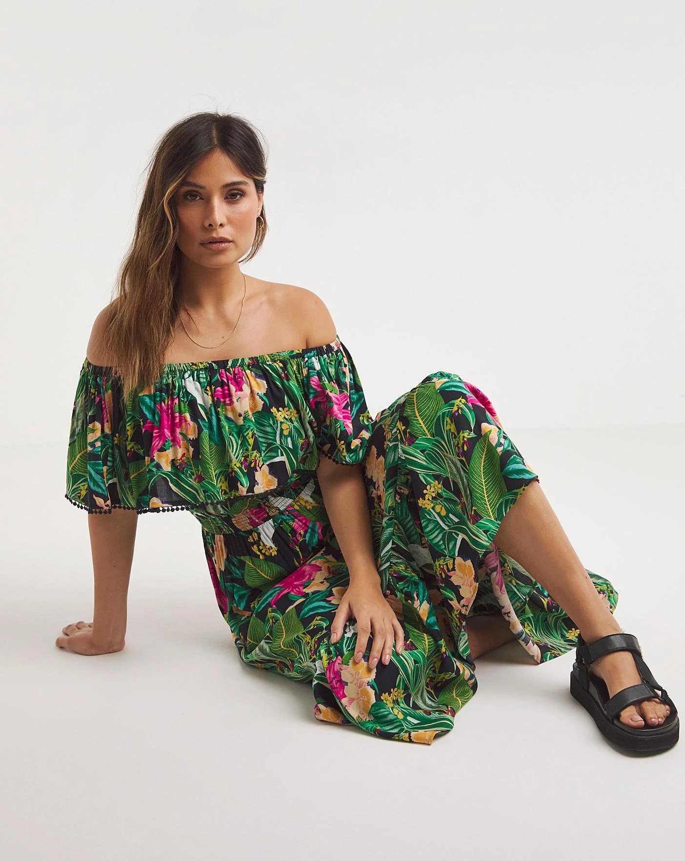 JD Williams Tropadelic Bardot Maxi Beach Dress| Floral Print 4 JD Williams Tropadelic Bardot Maxi Beach Dress| Floral Print - Image 4